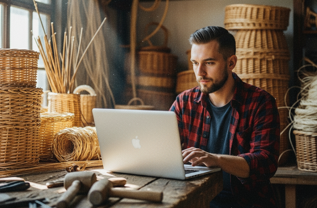 Joven artesano trabajando en un ordenador rodeado de cestas