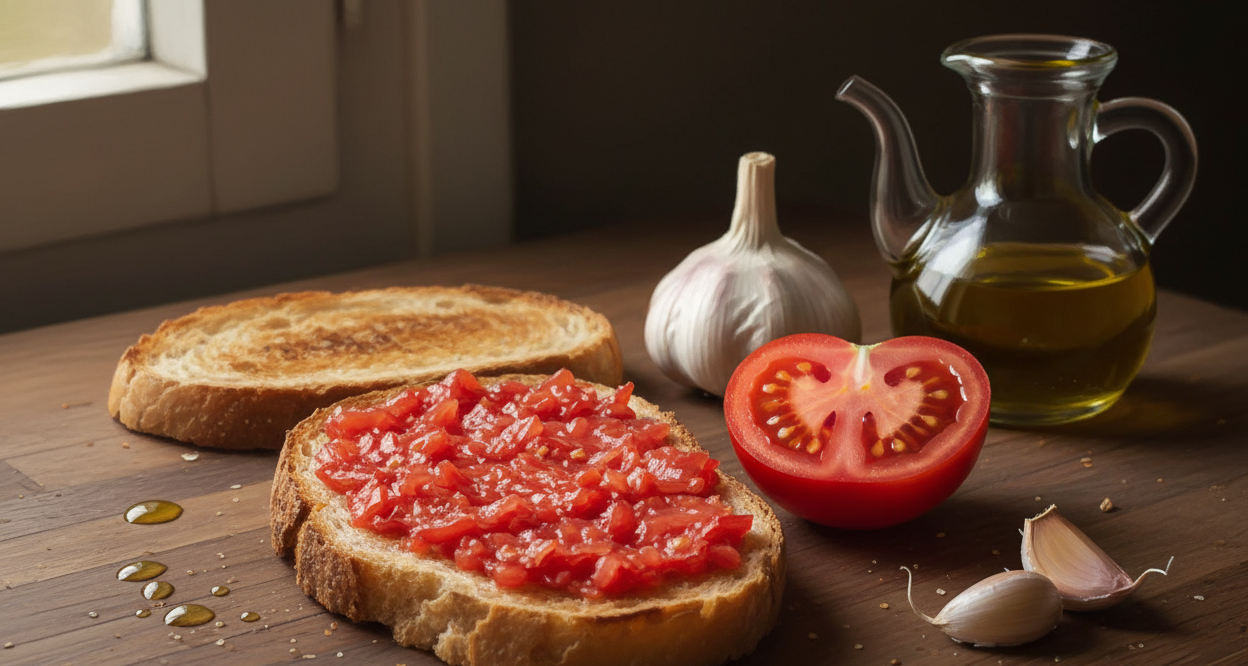 Primer plano de pa amb tomàquet (pan con tomate) y dos botellas de aceite de oliva virgen extra con luz cálida sobre una mesa de madera rústica