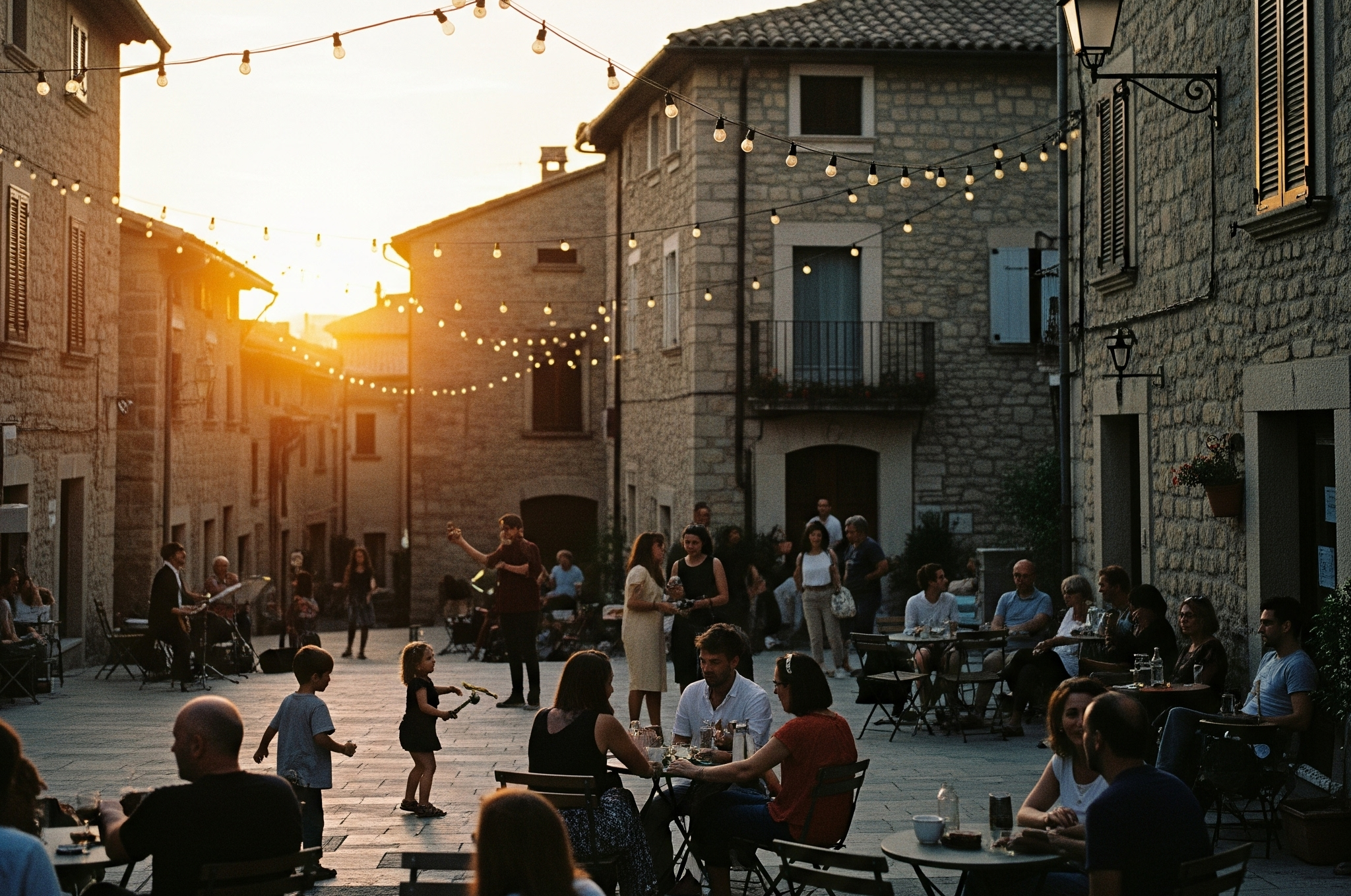 Plaza mediterránea con luces colgantes doradas, personas de diferentes edades socializando, puestos de mercado y arquitectura tradicional catalana.