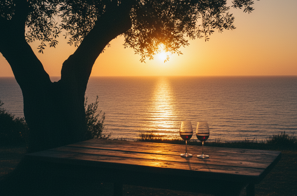 Copas de vino en una mesa rústica junto a un olivo centenario, con un camino que lleva hacia el mar mediterráneo al atardecer