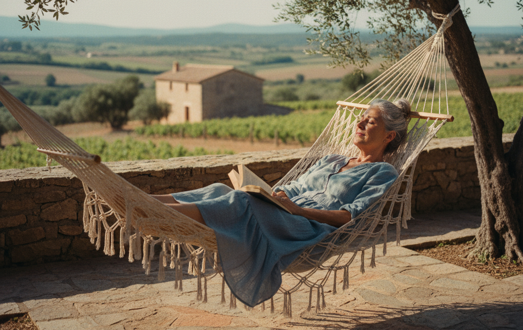 Mujer madura descansando en una hamaca al atardecer con luz dorada, con los ojos cerrados y un libro en su regazo, en un jardín mediterráneo